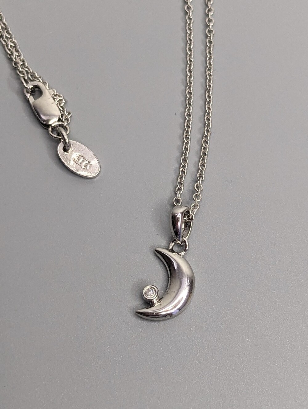 New Sterling Silver Crescent Moon Necklace Natural Diamond 15" Celestial Boho